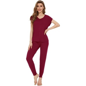 image:imageWiWi Lightweight Pajamas Sets for Women Short Sleeve Top with Long Jogger Pants Sleepwear Set Lounge Pjs SXXLWine