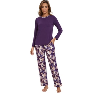 image:imageWiWi Long Sleeve Womens Pajamas Set with Pocket Viscose from Bamboo Lounge Sets Soft Printed Pajama Sleepwear SXXLDark Purpledark Purple Floral
