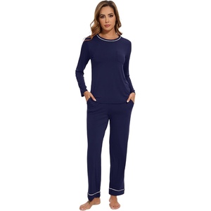 image:imageWiWi Long Sleeve Womens Pajamas Set with Pocket Viscose from Bamboo Lounge Sets Soft Printed Pajama Sleepwear SXXLNavy