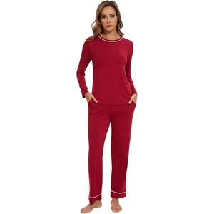 image:imageWiWi Long Sleeve Womens Pajamas Set with Pocket Viscose from Bamboo Lounge Sets Soft Printed Pajama Sleepwear SXXLWine Red