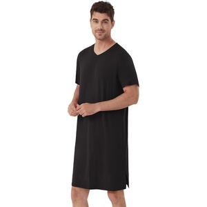 image:imageWiWi Mens Nightshirt ShortSleeve Pajamas Nightgown Viscose from Bamboo Soft Loose VNeck Nightwear Sleepshirt Gowns SXXLBlack
