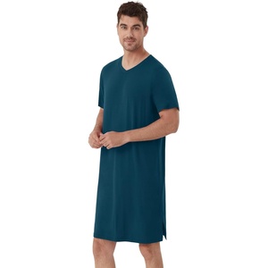 image:imageWiWi Mens Nightshirt ShortSleeve Pajamas Nightgown Viscose from Bamboo Soft Loose VNeck Nightwear Sleepshirt Gowns SXXLPeacock Blue