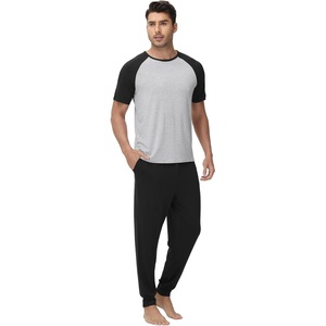 image:imageWiWi Mens Pajama Set Short Sleeve Tee Jogger Pants with Pockets Sleepwear Raglan Nightwear Soft Pjs Sets SXXLBlackheather Grey