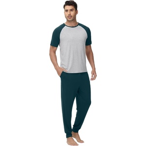 image:imageWiWi Mens Pajama Set Short Sleeve Tee Jogger Pants with Pockets Sleepwear Raglan Nightwear Soft Pjs Sets SXXLDark Bluish Greenlight Heather Grey