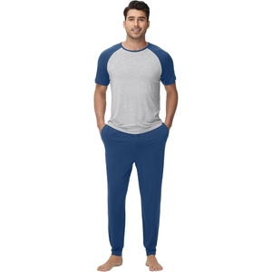 image:imageWiWi Mens Pajama Set Short Sleeve Tee Jogger Pants with Pockets Sleepwear Raglan Nightwear Soft Pjs Sets SXXLNautical Bluelight Heather Grey