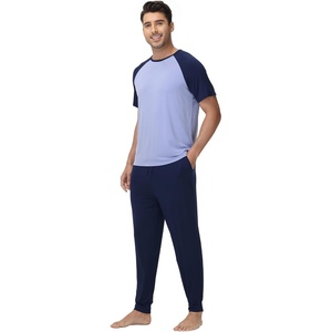 image:imageWiWi Mens Pajama Set Short Sleeve Tee Jogger Pants with Pockets Sleepwear Raglan Nightwear Soft Pjs Sets SXXLNavylight Blue