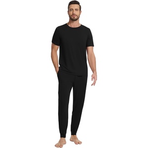 image:imageWiWi Mens Pajama Sets Viscose from Bamboo Sleepwear Short Sleeve Top and Pants Pjs Sets with Pockets Drawstring SXXLAblack