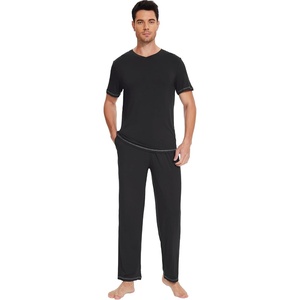 image:imageWiWi Mens Pajama Sets Viscose from Bamboo Sleepwear Short Sleeve Top and Pants Pjs Sets with Pockets Drawstring SXXLBblack