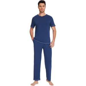 image:imageWiWi Mens Pajama Sets Viscose from Bamboo Sleepwear Short Sleeve Top and Pants Pjs Sets with Pockets Drawstring SXXLBnautical Blue