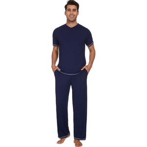 image:imageWiWi Mens Pajama Sets Viscose from Bamboo Sleepwear Short Sleeve Top and Pants Pjs Sets with Pockets Drawstring SXXLBnavy