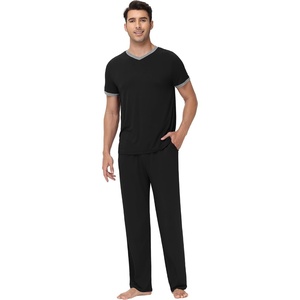 image:imageWiWi Mens Pajamas Set Viscose from Bamboo Short Sleeve Sleepwear Knit Nightwear 2 Pieces Loungewear Sets SXXLBlack