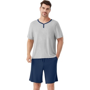 image:imageWiWi Mens Pajamas Set Viscose from Bamboo Short Sleeve Top amp Pajama Shorts Sleepwear Soft Loungewear with Pockets SXXLBlight Heather GreyDeep Blue