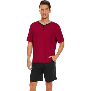 image:imageWiWi Mens Pajamas Set Viscose from Bamboo Short Sleeve Top amp Pajama Shorts Sleepwear Soft Loungewear with Pockets SXXLBwine RedBlack