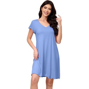 image:imageWiWi Nightgowns for Women Bamboo Viscose Super Soft Short Sleeve Sleep Dress Cooling Ladies Plus Size Lounge Sleepwear S4XFog Blue