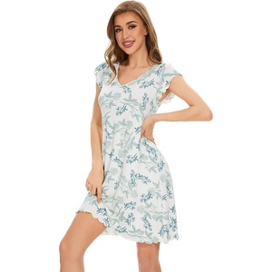 image:imageWiWi Nightgowns for Women Bamboo Viscose Super Soft Short Sleeve Sleep Dress Cooling Ladies Plus Size Lounge Sleepwear S4XGreen Leaf