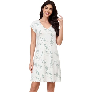 image:imageWiWi Nightgowns for Women Bamboo Viscose Super Soft Short Sleeve Sleep Dress Cooling Ladies Plus Size Lounge Sleepwear S4XLeaf