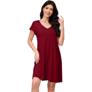 image:imageWiWi Nightgowns for Women Bamboo Viscose Super Soft Short Sleeve Sleep Dress Cooling Ladies Plus Size Lounge Sleepwear S4XWine Red