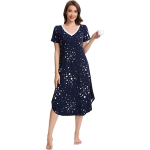 image:imageWiWi Nightgowns for Women Viscose from Bamboo Nightshirts Short Sleeve Nightshirt Sleep Gowns Loungewear Nightdress SXXLNavy Stars