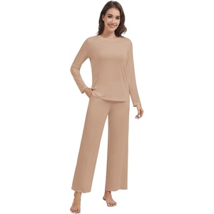 image:imageWiWi Pajama Set for Women Viscose from Bamboo Long Sleeve Top with Pants Soft Sleepwear 2 Piece Pjs Sets Loungewear SXXLLight Brown