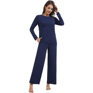 image:imageWiWi Pajama Set for Women Viscose from Bamboo Long Sleeve Top with Pants Soft Sleepwear 2 Piece Pjs Sets Loungewear SXXLNavy