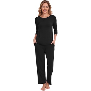 image:imageWiWi Pajamas Set for Women 34 Sleeve Top and Pants Viscose from Bamboo Lounge Set Soft Sleepwear Pjs with Pockets SXXLBlack