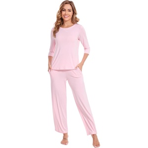 image:imageWiWi Pajamas Set for Women 34 Sleeve Top and Pants Viscose from Bamboo Lounge Set Soft Sleepwear Pjs with Pockets SXXLPink