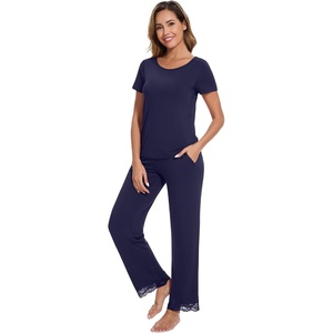 image:imageWiWi Pajamas Set for Women Soft Comfy Loungewear Short Sleeve Tops and Long Pants Viscose from Bamboo Sleepwear Pjs SXXLNavy