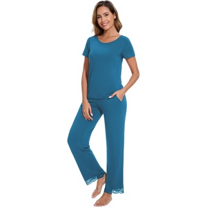 image:imageWiWi Pajamas Set for Women Soft Comfy Loungewear Short Sleeve Tops and Long Pants Viscose from Bamboo Sleepwear Pjs SXXLTeal Blue