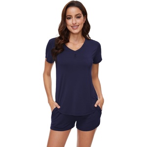 image:imageWiWi Pajamas for Women Bamboo Viscose Vneck Pajama Sets Soft Short Sleeve Nightwear with Pockets SXXLNavy