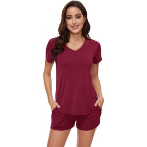 image:imageWiWi Pajamas for Women Bamboo Viscose Vneck Pajama Sets Soft Short Sleeve Nightwear with Pockets SXXLWine