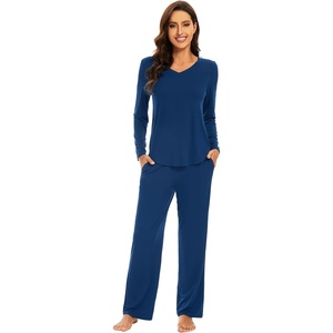 image:imageWiWi Pajamas for Women Long Sleeve Cooling Sleepwear Pants Set Super Soft Pj Viscose from Bamboo Loungewear Sets SXXLAink Blue