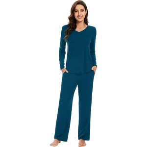 image:imageWiWi Pajamas for Women Long Sleeve Cooling Sleepwear Pants Set Super Soft Pj Viscose from Bamboo Loungewear Sets SXXLApeacock Blue