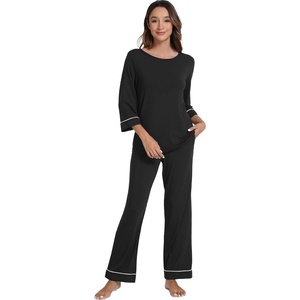 image:imageWiWi Pajamas for Women Scoop Neck 34 Sleeve Pajama Set Soft Sleep Lounge Set Sleepwear Viscose from bamboo SXXLBlack