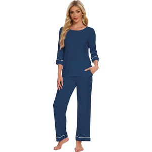 image:imageWiWi Pajamas for Women Scoop Neck 34 Sleeve Pajama Set Soft Sleep Lounge Set Sleepwear Viscose from bamboo SXXLInk Blue