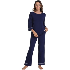 image:imageWiWi Pajamas for Women Scoop Neck 34 Sleeve Pajama Set Soft Sleep Lounge Set Sleepwear Viscose from bamboo SXXLNavy