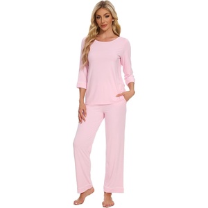 image:imageWiWi Pajamas for Women Scoop Neck 34 Sleeve Pajama Set Soft Sleep Lounge Set Sleepwear Viscose from bamboo SXXLPink