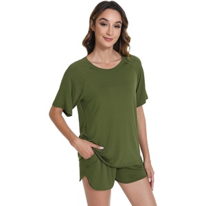 image:imageWiWi Pajamas for Women Short Sleeve Top with Shorts Viscose from Bamboo Pajama Set Cooling Sleepwear SXXLAarmy Green