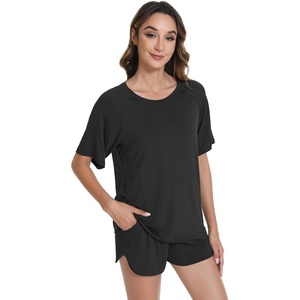 image:imageWiWi Pajamas for Women Short Sleeve Top with Shorts Viscose from Bamboo Pajama Set Cooling Sleepwear SXXLAblack