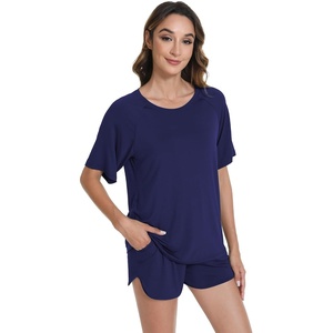 image:imageWiWi Pajamas for Women Short Sleeve Top with Shorts Viscose from Bamboo Pajama Set Cooling Sleepwear SXXLAnavy