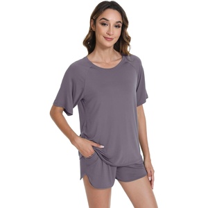 image:imageWiWi Pajamas for Women Short Sleeve Top with Shorts Viscose from Bamboo Pajama Set Cooling Sleepwear SXXLApurplish Grey