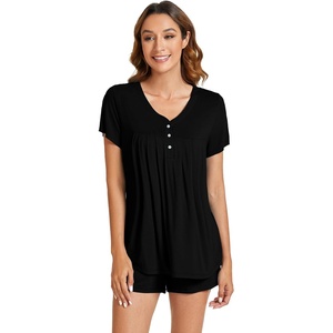 image:imageWiWi Pajamas for Women Short Sleeve Top with Shorts Viscose from Bamboo Pajama Set Cooling Sleepwear SXXLBblack