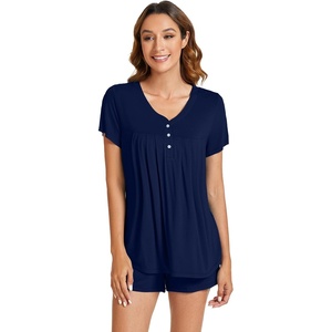 image:imageWiWi Pajamas for Women Short Sleeve Top with Shorts Viscose from Bamboo Pajama Set Cooling Sleepwear SXXLBnavy