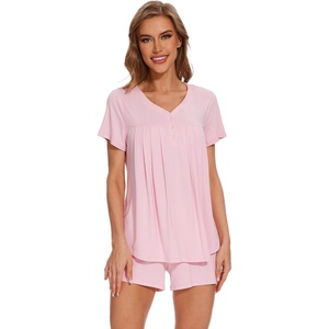image:imageWiWi Pajamas for Women Short Sleeve Top with Shorts Viscose from Bamboo Pajama Set Cooling Sleepwear SXXLBpink
