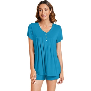 image:imageWiWi Pajamas for Women Short Sleeve Top with Shorts Viscose from Bamboo Pajama Set Cooling Sleepwear SXXLBteal Blue