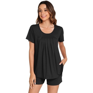 image:imageWiWi Pajamas for Women Short Sleeve Top with Shorts Viscose from Bamboo Pajama Set Cooling Sleepwear SXXLCblack