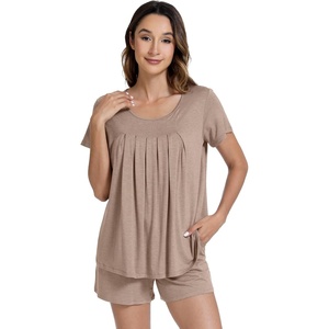 image:imageWiWi Pajamas for Women Short Sleeve Top with Shorts Viscose from Bamboo Pajama Set Cooling Sleepwear SXXLCcamel