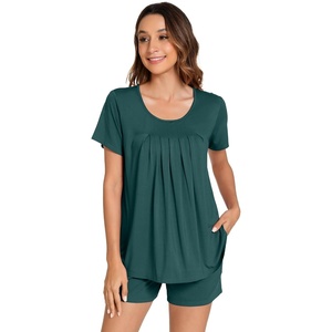 image:imageWiWi Pajamas for Women Short Sleeve Top with Shorts Viscose from Bamboo Pajama Set Cooling Sleepwear SXXLCforest Green