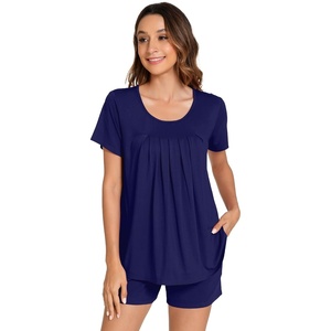 image:imageWiWi Pajamas for Women Short Sleeve Top with Shorts Viscose from Bamboo Pajama Set Cooling Sleepwear SXXLCnavy
