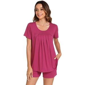 image:imageWiWi Pajamas for Women Short Sleeve Top with Shorts Viscose from Bamboo Pajama Set Cooling Sleepwear SXXLCraspberry Wine