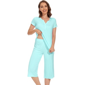 image:imageWiWi Soft Viscose from Bamboo Pajamas for Women Short Sleeve Pajama Sets with Capri Pants Pjs Comfy Loungewear SXXLCaqua